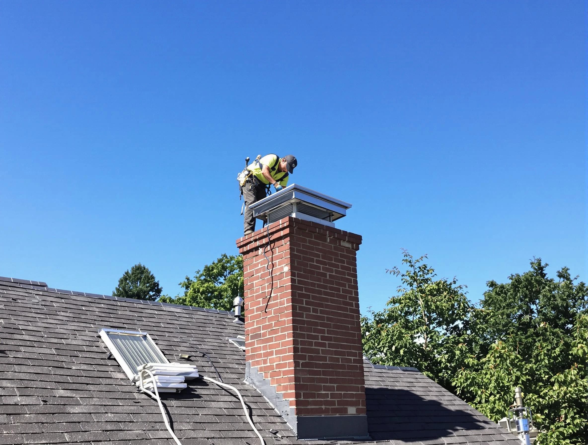 Highland Lakes Chimney Sweep technician measuring a chimney cap in Highland Lakes, AL